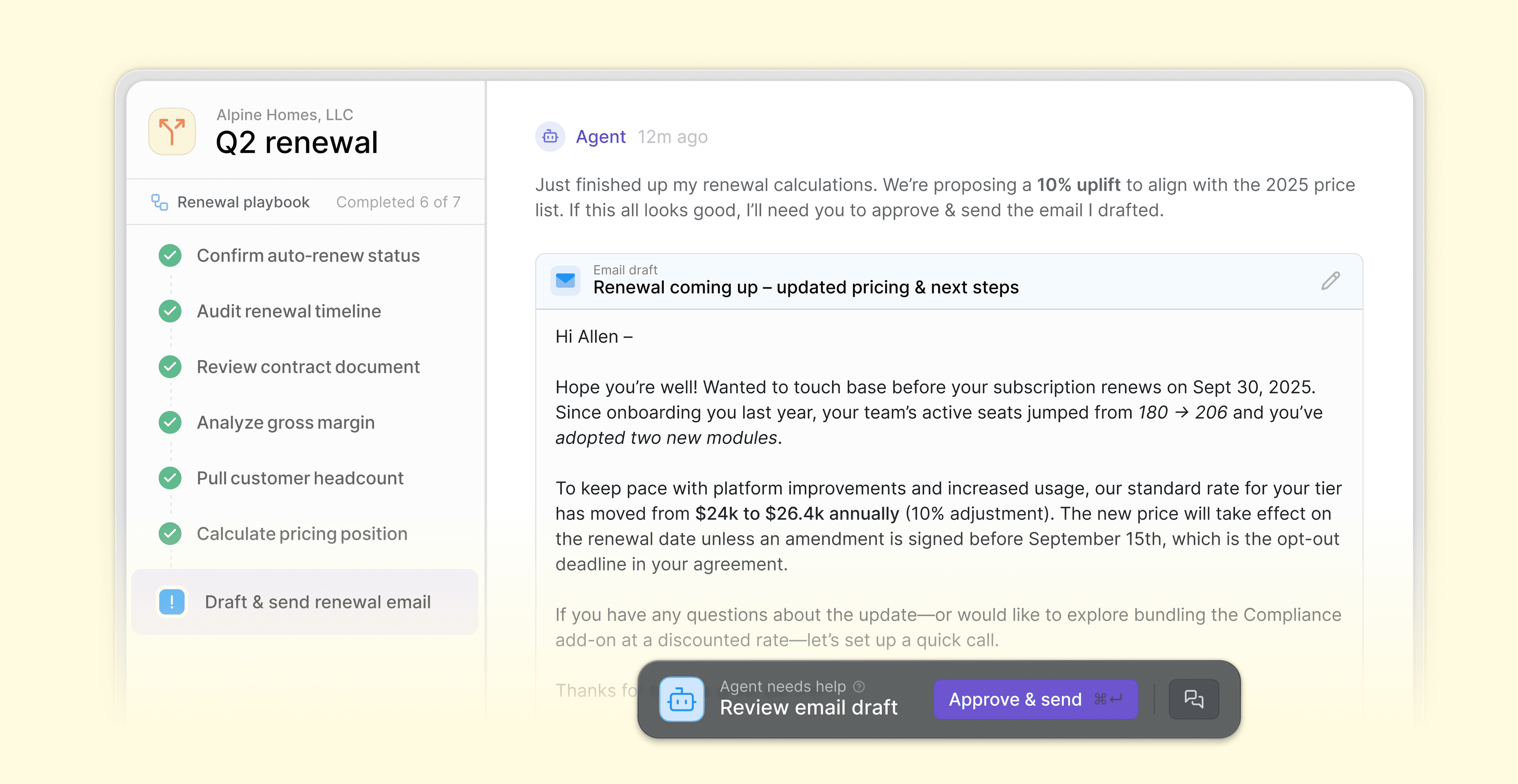 Lateral platform showing a renewal playbook in action — agent running Q2 renewal steps with drafted email ready for human approval